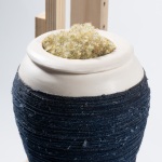 a realignment | ceramic, reclaimed wood, hand spun fiber, goldenrod, asters, beeswax made in Niagara, found clay from Niagara region, water | 37in x 24in x 53in 